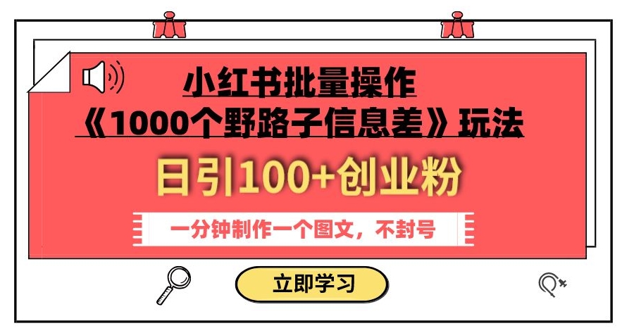 小红书批量操作《1000个野路子信息差》玩法，一分钟制作一个图文，不封号，日引100+创业粉-一点通资源网