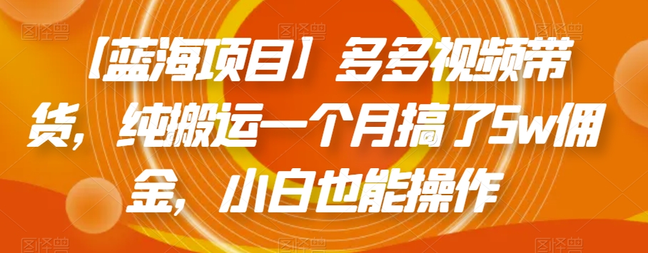 【蓝海项目】多多视频带货，纯搬运一个月搞了5w佣金，小白也能操作【揭秘】-一点通资源网