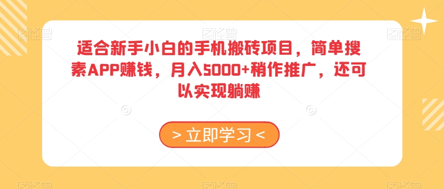 适合新手小白的手机搬砖项目，简单搜素APP赚钱，月入5000+稍作推广，还可以实现躺赚【揭秘】-一点通资源网