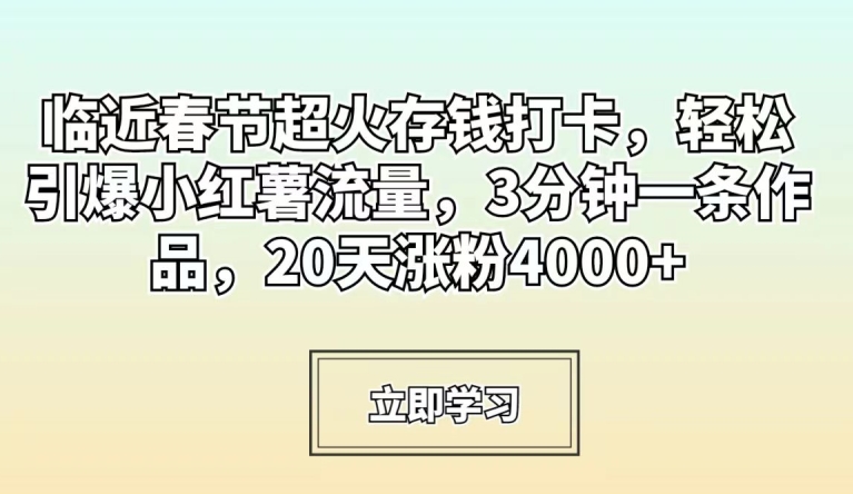 临近春节超火存钱打卡，轻松引爆小红薯流量，3分钟一条作品，20天涨粉4000+【揭秘】-一点通资源网
