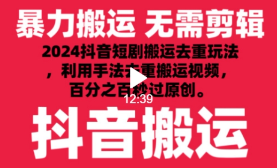 2024最新抖音搬运技术，抖音短剧视频去重，手法搬运，利用工具去重，达到秒过原创的效果【揭秘】-一点通资源网