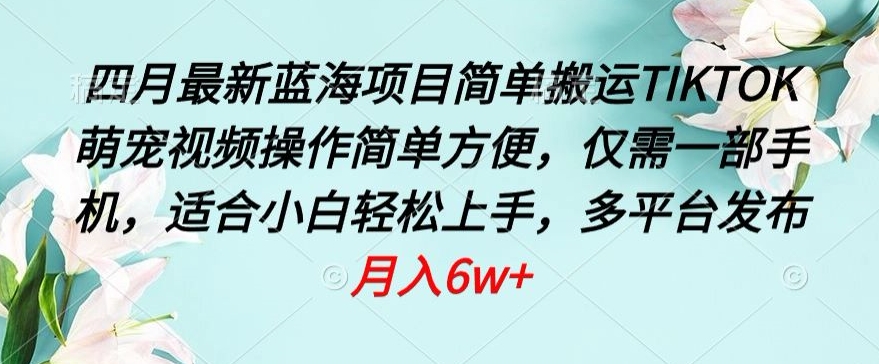 四月最新蓝海项目，简单搬运TIKTOK萌宠视频，操作简单方便，仅需一部手机【揭秘】-一点通资源网