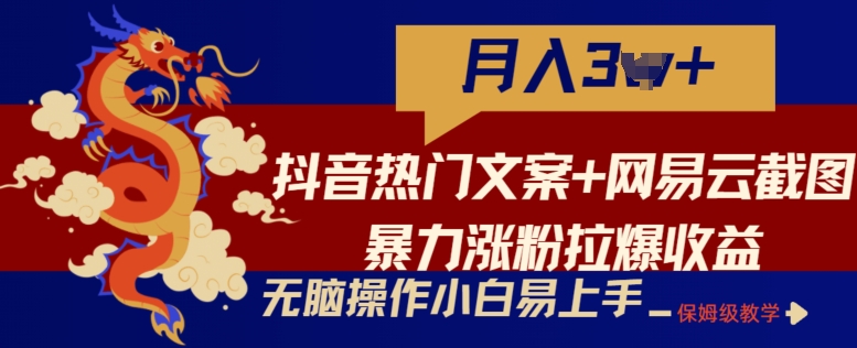抖音热门文案+网易云截图暴力涨粉拉爆收益玩法，小白无脑操作，简单易上手【揭秘】-一点通资源网