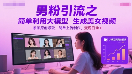 男粉引流之简单利用大模型生成美女视频，条条原创爆款，简单上传制作，变现日1k+-一点通资源网