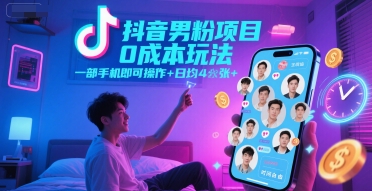 抖音男粉项目0成本玩法，一部手机即可操作，日均4张+，时间自由-一点通资源网