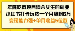 年底吃肉项目适合女生的副业小红书打卡玩法一个月涨粉6万+变现能力强+单月收益5位数【揭秘】-一点通资源网