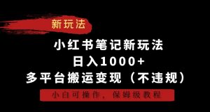 小红书笔记新玩法，日入1000+，多平台搬运变现（不违规），小白可操作，保姆级教程【揭秘】-一点通资源网