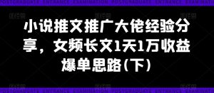 小说推文推广大佬经验分享，女频长文1天1万收益爆单思路(下)-一点通资源网